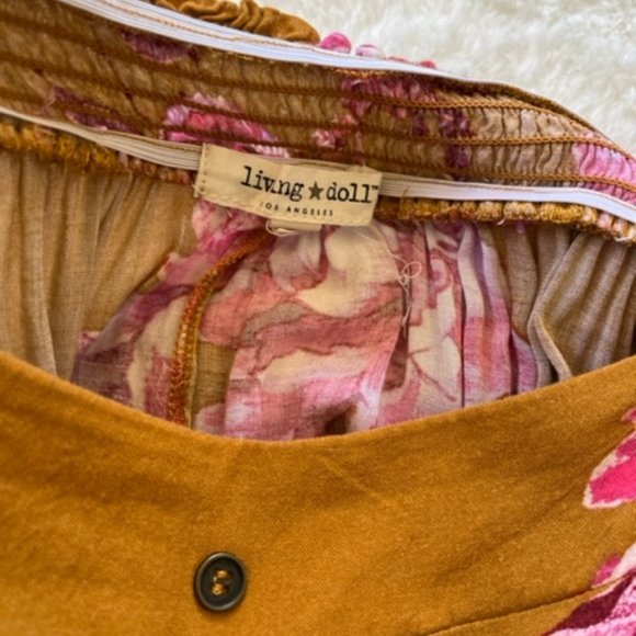 Living Doll Boho Tan Pink Floral Long Skirt - Picture 3 of 5
